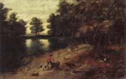 A wooded landscape with a boar hunt, unknow artist